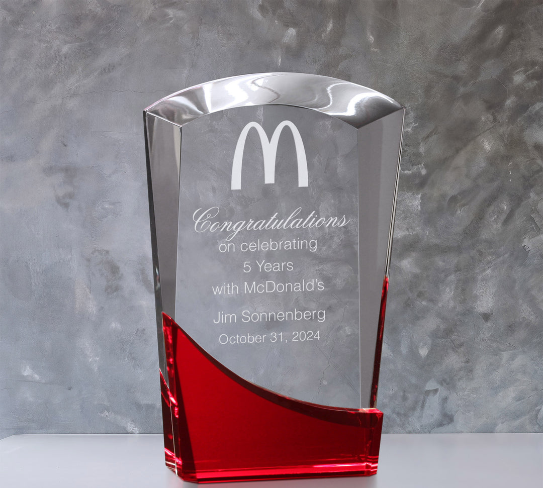 McDonald’s Deep Etched Arched Crystal Award with Red Accent