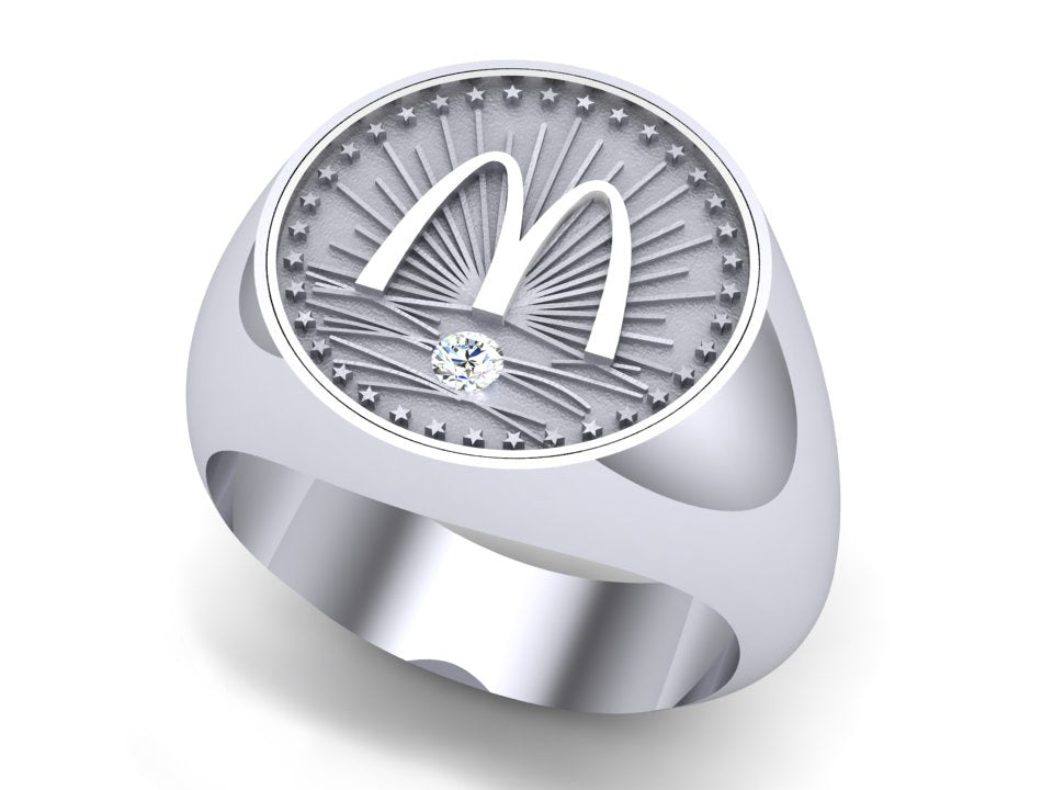 McDonald’s Man’s 14K White Gold Coin Ring with 5pt Diamond and Starburst Design
