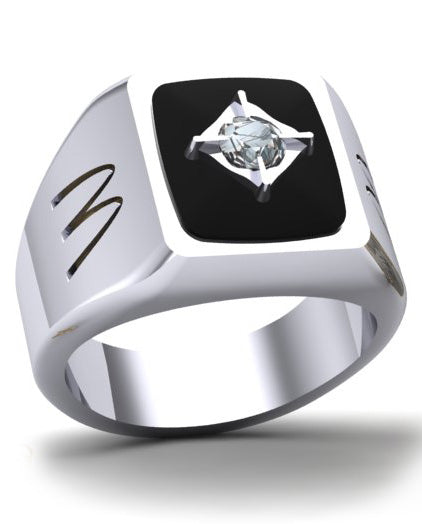 McDonald’s Man’s 14K White Gold Onyx Signet Ring with 0.75 ct Diamond