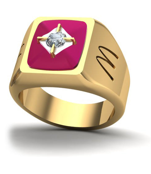 McDonald’s Man’s 14K Yellow Gold Garnet Signet Ring with 0.75 ct Diamond