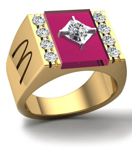 McDonald’s Man’s Flat Top Fashion Ring – Yellow Gold with Garnet and Diamonds
