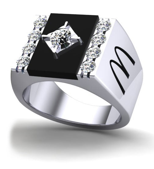 McDonald’s Man’s Flat Top Fashion Ring – White Gold with Onyx and Diamonds