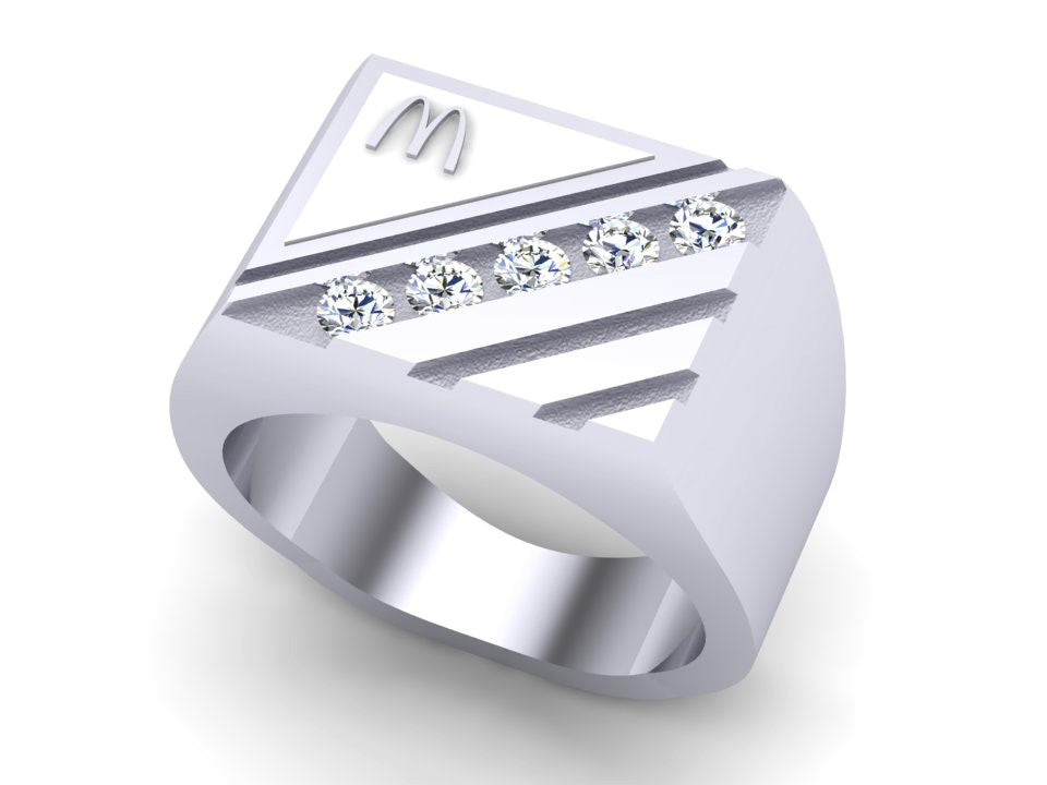 McDonald’s Man’s 14K White Gold Diagonal Signet Ring with 5 Diamonds