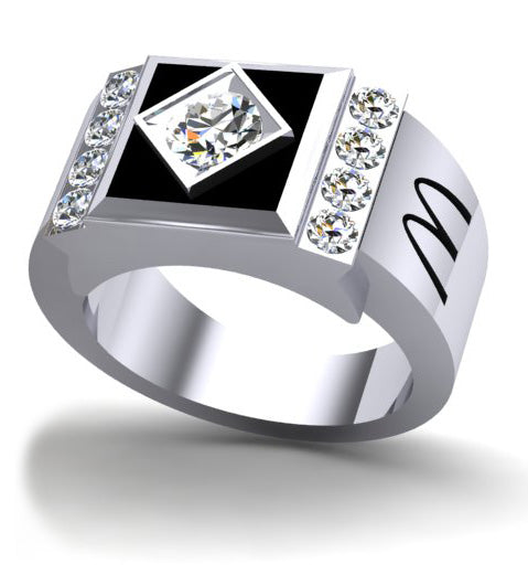 McDonald’s Man’s White Gold Fashion Ring with Square Center Stone & 9 Diamonds