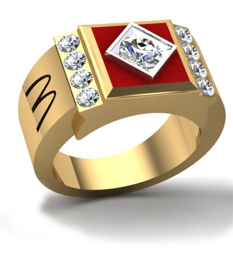 McDonald’s Man’s Yellow Gold Fashion Ring with Square Center Stone & 9 Diamonds