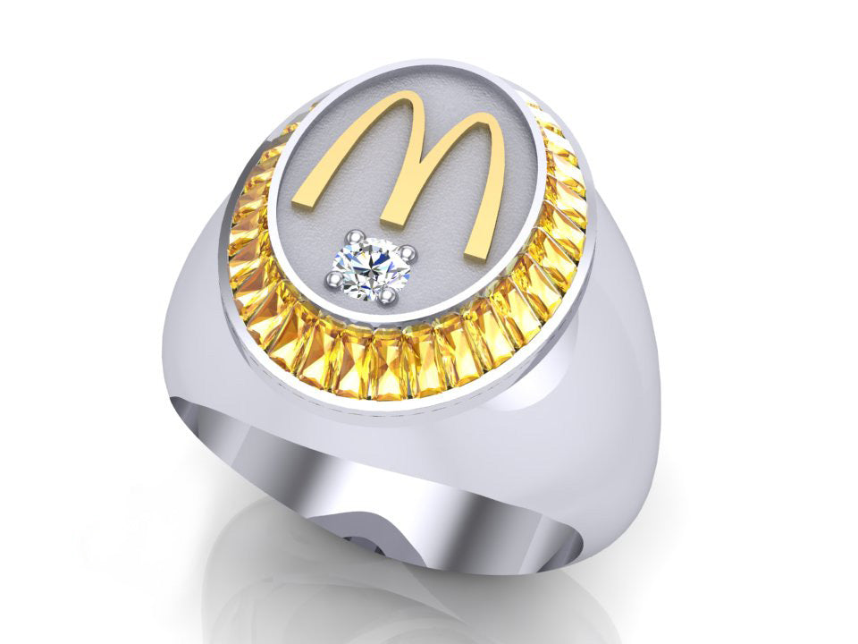 McDonald’s Man’s 14K White Gold Oval Ring with Yellow Sapphires & Diamond