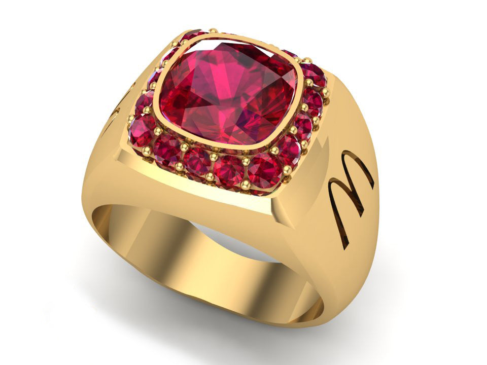 McDonald’s Man’s Cushion Square Ring with Ruby Center & Halo