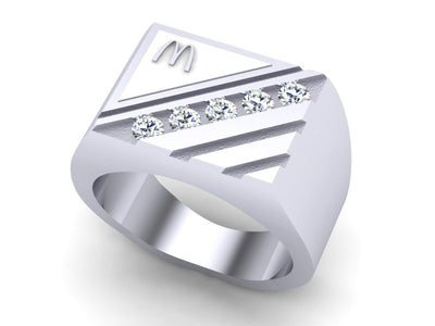 McDonald’s Man’s 14K White Gold Diagonal Signet Ring with 5 Diamonds